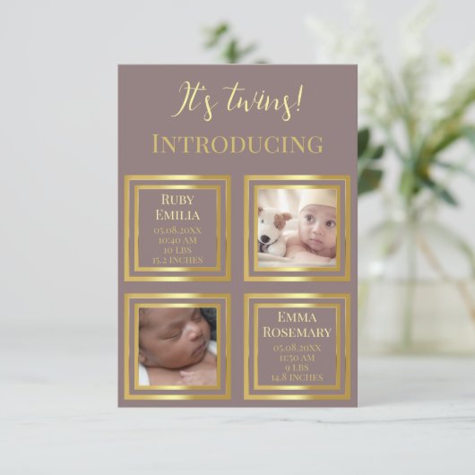 双子の双子の女生まれたばかりのの子の写真の誕生の発表 サンキューカード (スタンド正面)