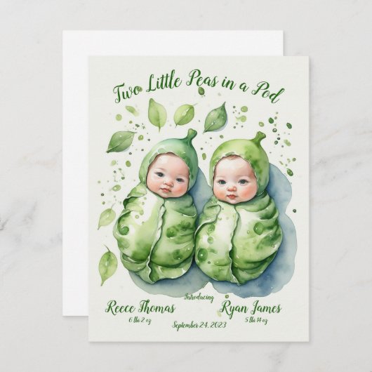 双子の双子2人の小さな豆の誕生発表 シーズンカード (正面/裏面)