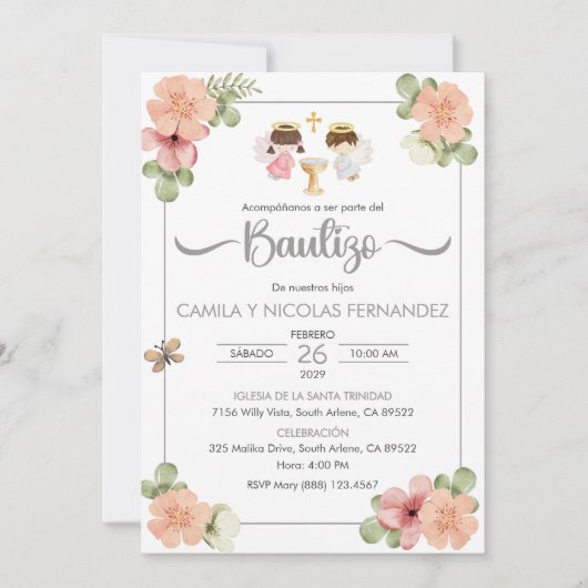 双子の天使の洗礼招待状 スペイン語 かわいい 招待状 (正面)