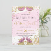 双子の女の子かわいいグリッター金ゴールドピンク赤ちゃんシャワー 案内状 (スタンド正面)