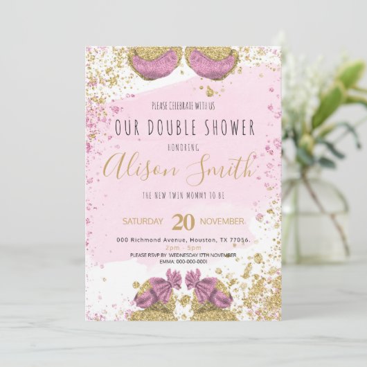 双子の女の子かわいいグリッター金ゴールドピンク赤ちゃんシャワー 案内状 (スタンド正面)
