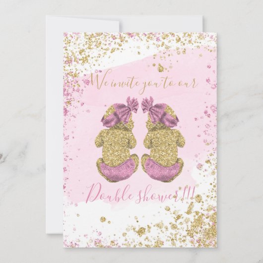 双子の女の子かわいいグリッター金ゴールドピンク赤ちゃんシャワー 案内状 (裏面)