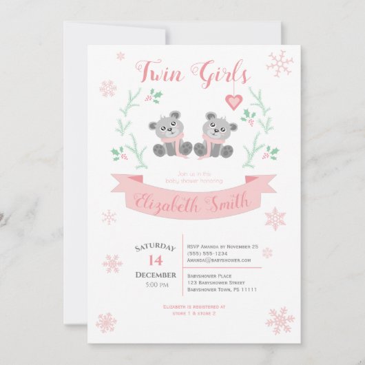 双子の女の子かわいい熊の冬のベビーシャワー 招待状 (正面)
