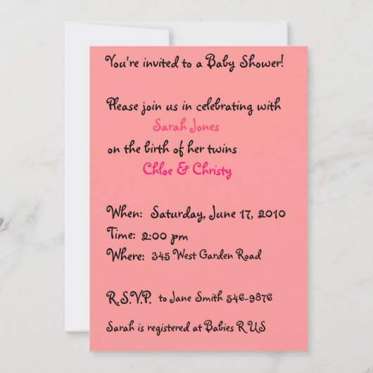 双子の女の子がベビーシャワーの招待を受ける 招待状 (裏面)