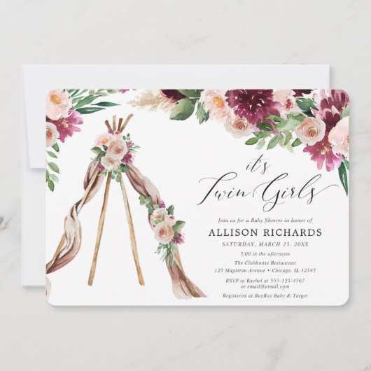 双子の女の子がボホの田舎のフローラの女の子のベビーシャワー 招待状 (正面)