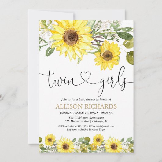 双子の女の子が黄色いひまわりの緑の赤ちゃんシャワー 招待状 (正面)