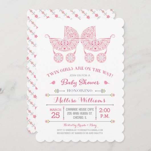 双子の女の子だ!ツインズベビーシャワー招待状 招待状 (正面/裏面)