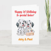双子の女の子と男の子へのハッピー1歳の誕生日おめでとう、子犬たち カード (正面)