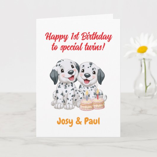 双子の女の子と男の子へのハッピー1歳の誕生日おめでとう、子犬たち カード (小さな植物)