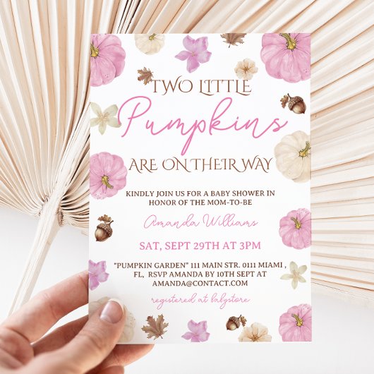 双子の女の子のかぼちゃ ピンクの花柄 ベビーシャワー 招待状