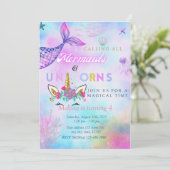 双子の女の子のための人魚＆ユニコーンの誕生日パーティー 招待状 (スタンド正面)