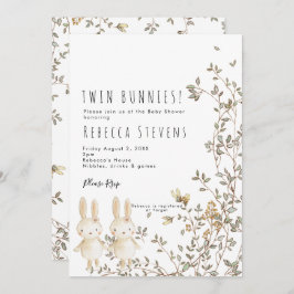 双子の女の子のバニー・ワイルドフラワー・ベビー・シャワーの招待 招待状