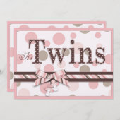 双子の女の子のピンクのタウペドットのベビーシャワー 招待状 (正面/裏面)