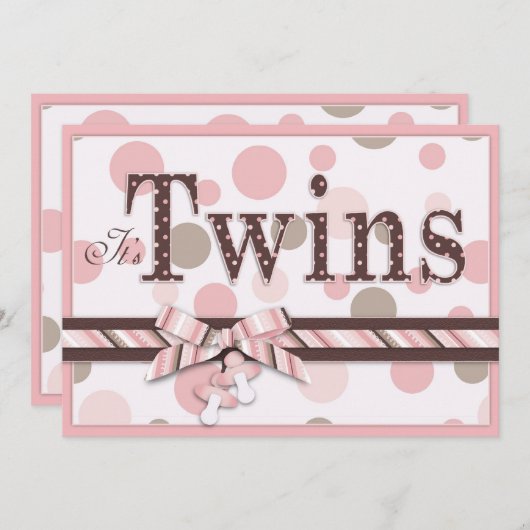 双子の女の子のピンクのタウペドットのベビーシャワー 招待状 (正面/裏面)