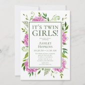 双子の女の子のピンクのハイドランジアのベビーシャワー 招待状 (正面)