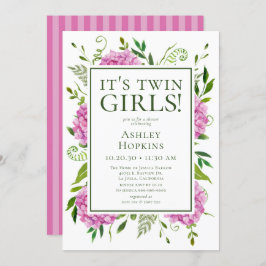 双子の女の子のピンクのハイドランジアのベビーシャワー 招待状