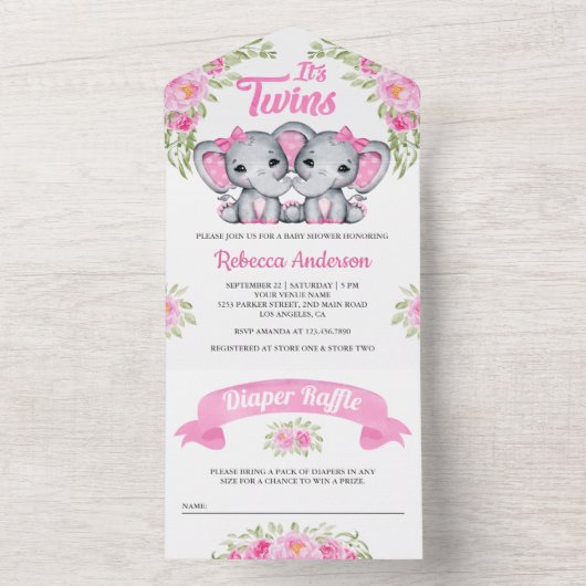 双子の女の子のピンクの花の象のベビーシャワー オールインワン招待状 (内側)