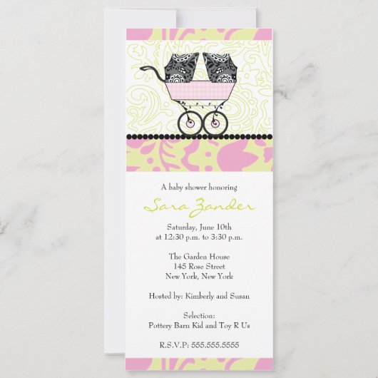 双子の女の子のベビーシャワーの招待状 - ベビーカー 招待状 (正面)