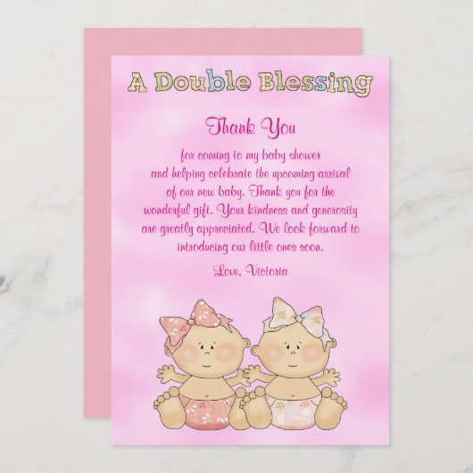 双子の女の子のベビーシャワー 招待状 (正面/裏面)