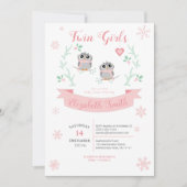 双子の女の子の可愛いフクロウの冬のベビーシャワー 招待状 (正面)