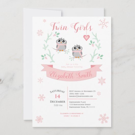双子の女の子の可愛いフクロウの冬のベビーシャワー 招待状 (正面)