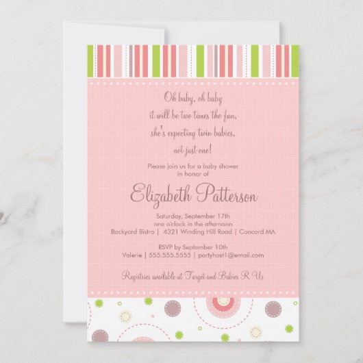 双子の女の子の楽しいベビーシャワー招待状のパターン 招待状 (正面)