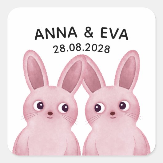 双子の女の子の誕生日パーティー ピンクのウサギ スクエアシール (正面)