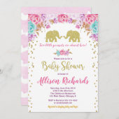 双子の女の子の赤ちゃんシャワーゾウのピンク金ゴールド 招待状 (正面/裏面)