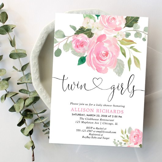 双子の女の子の赤ちゃんシャワー赤面ピンクグリーンフローラ 招待状