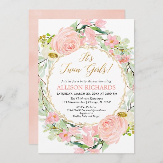 双子の女の子の赤ちゃんシャワー、フローラ赤面ピンク金ゴールド 招待状 (正面/裏面)