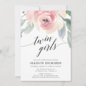 双子の女の子の赤面エレガントピンクのフローラ水色 招待状 (正面)