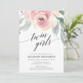 双子の女の子の赤面エレガントピンクのフローラ水色 招待状 (スタンド正面)