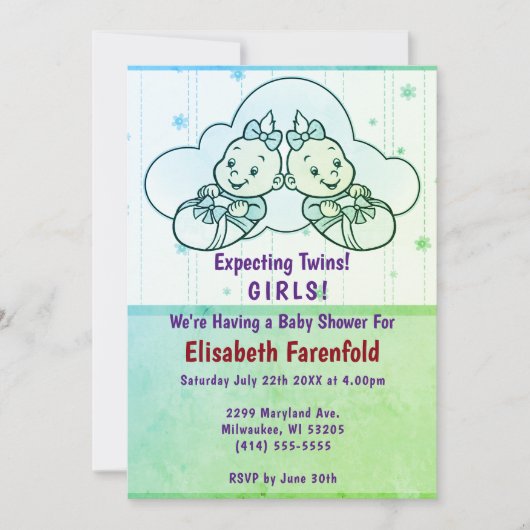 双子の女の子の雲の赤ちゃんシャワーを緑で期待 招待状 (正面)