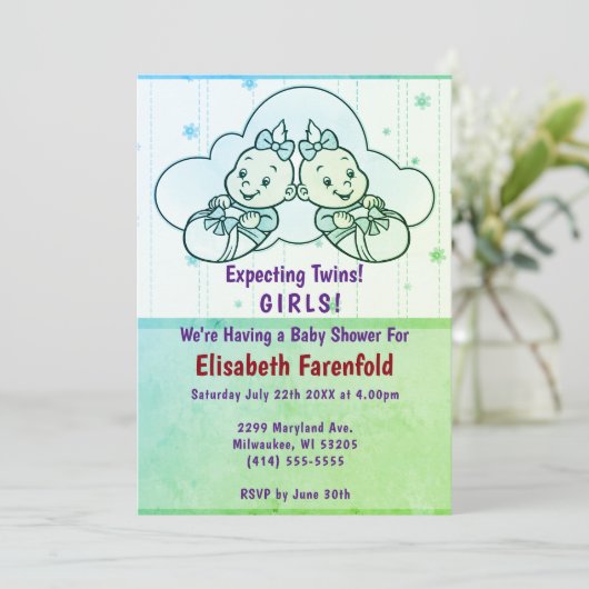 双子の女の子の雲の赤ちゃんシャワーを緑で期待 招待状 (スタンド正面)