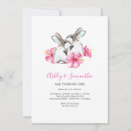 双子の女の子の1歳誕生日ピンクの森の招待状 招待状