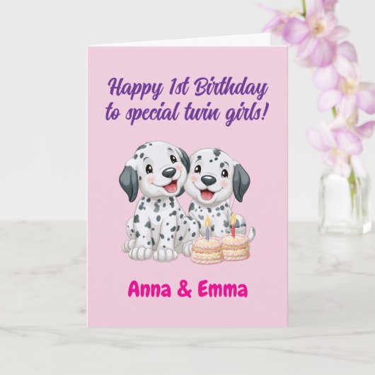 双子の女の子へのハッピー1歳の誕生日おめでとう、かわいい子犬たち  カード (蘭)