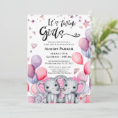 双子の女の子エレファントピンクバルーンかわいい赤ちゃんシャワー 招待状 (スタンド正面)