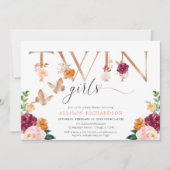 双子の女の子バタフライバラ金ゴールドピンクエレガントフローラ 招待状 (正面)