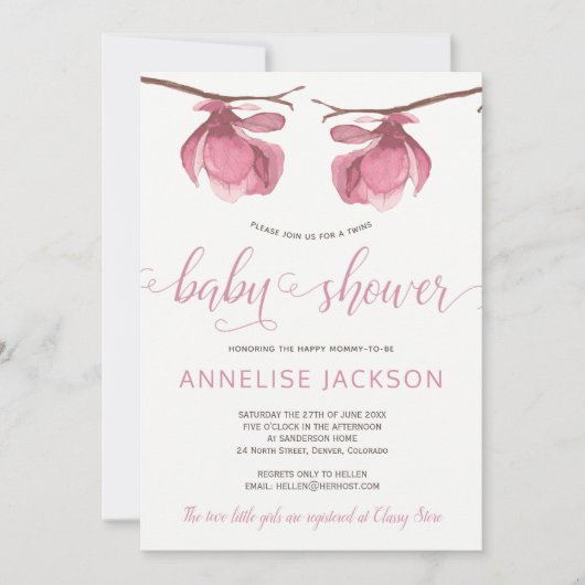 双子の女の子ピンクの白いフローラの赤ちゃんシャワー 招待状 (正面)