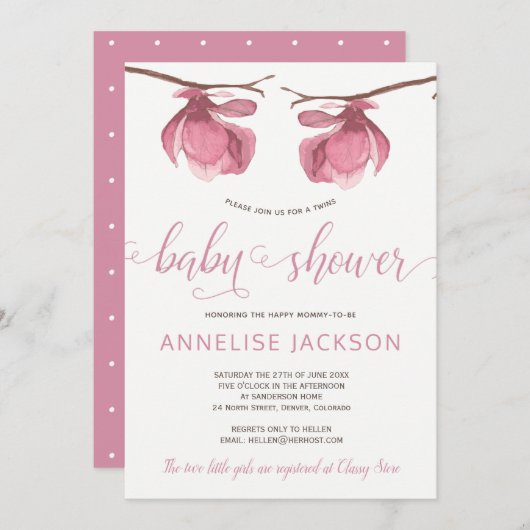 双子の女の子ピンクの白いフローラの赤ちゃんシャワー 招待状 (正面/裏面)