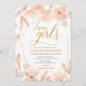 双子の女の子赤面ピンク金ゴールドのフローラ少女のベビーシャワー 招待状 (正面/裏面)
