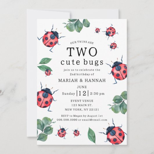 双子の女の子2かわいいバグLadybug 2nd誕生日 招待状 (正面)