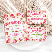 双子の女の子 ストロベリー ピンク グリーン かわいいベイビーシャワー 招待状