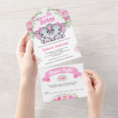 双子の女の子 ピンクの花の模様の象 ベビーシャワー オールインワン招待状 (貼ってはがせる)