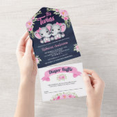 双子の女の子 ピンクの花柄の象 ネイビーブルーのベビーシャワー オールインワン招待状 (貼ってはがせる)