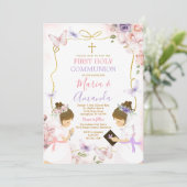 双子の女の子 ピンク パープル 蝶々 ファースト ホーリー コミュニオン 招待状 (スタンド正面)