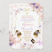 双子の女の子 ピンク パープル 蝶々 ファースト ホーリー コミュニオン 招待状 (正面/裏面)