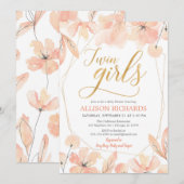 双子の女の子 ブッシュピンク ゴールド フラワー 女の子 ベビーシャワー 招待状 (正面/裏面)