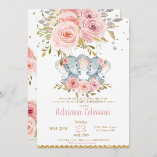 双子の女の子 ベビーシャワー 招待状 花のエレファント (正面/裏面)