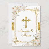双子の女の子 白花 ゴールド ファースト ホーリー コミュニオン 招待状 (裏面)